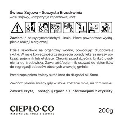 Zawiera: a-heksylcynamaldehyd, Linalol. Może powodować wystąpienie reakcji alergicznej. Działa szkodliwie na organizmy wodne, powodując długotrwałe skutki. W razie konieczności zasięgnięcia porady lekarza należy pokazać pojemnik lub etykietę. Chronić przed dziećmi. Unikać uwolnienia do środowiska. Zawartość/pojemnik usuwać do zbiorników do segregacji odpadów obecnych w swojej gminie. Przed zapaleniem świecy skróć knot do długości ok. 5mm. Zakończ palenie świecy gdy w słoiku zostanie mniej niż 1cm wosku.